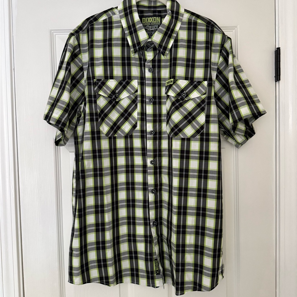 DIXXON The Deuce Men's Lime and Black Checkered Short Sleeve Shirt